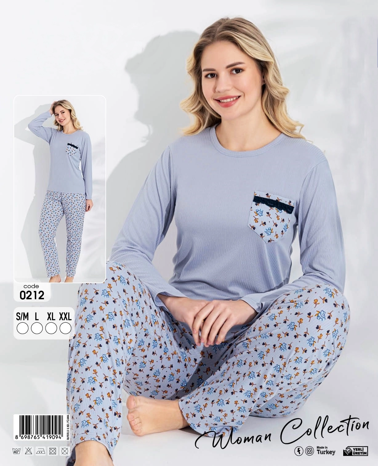Uzun Kol Yumuşak Likralı Raporlu Berlin İnterlok Kumaş Kadın Pijama Takımı  0212