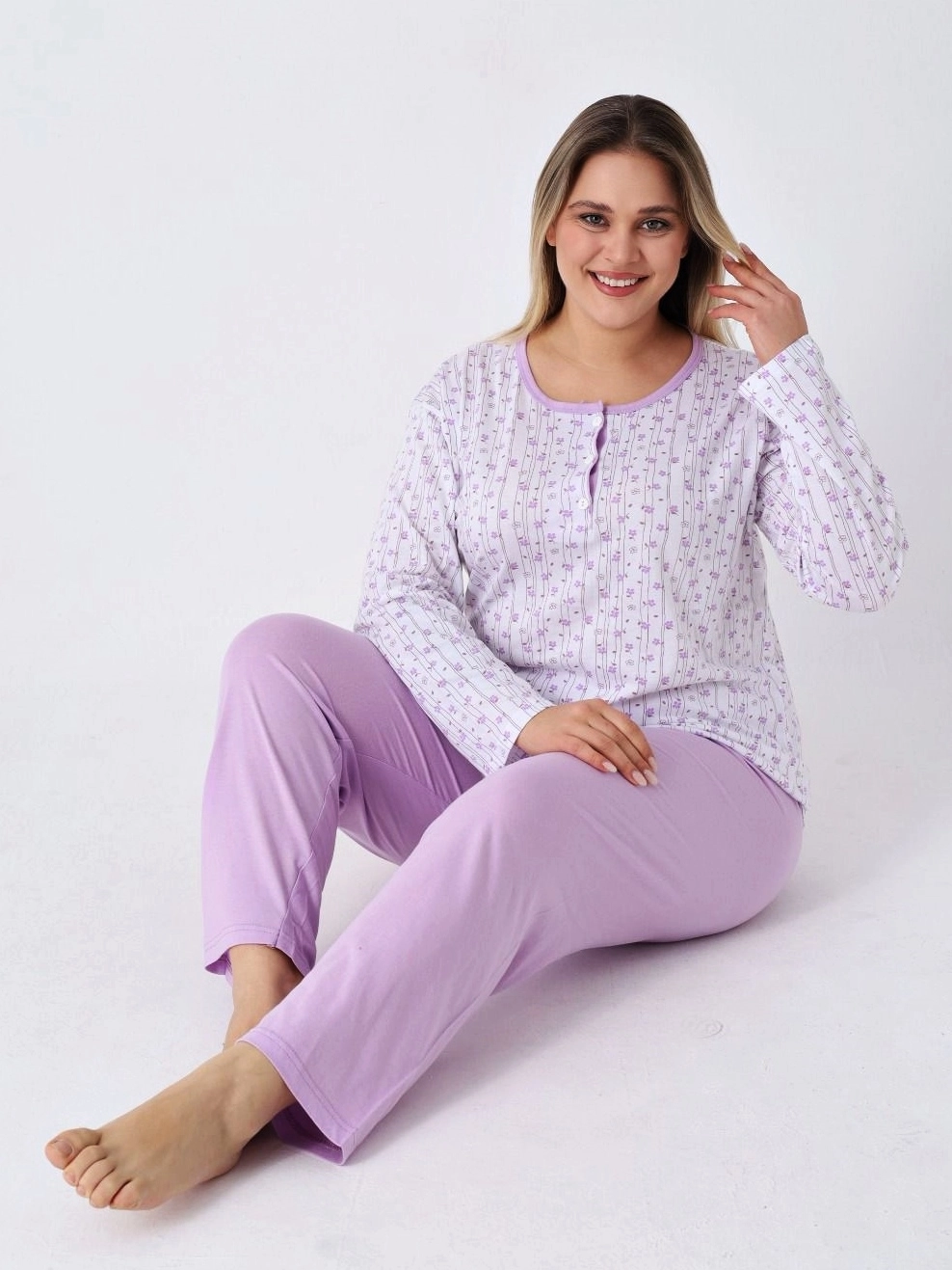 %100 PAMUK Büyük Beden Düğmeli UZUN Kollu Çiçek Desen Yazlık Kadın Pijama  1630