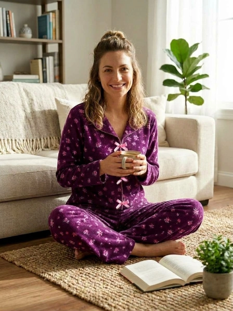 SÜPER SOFT YUMUŞAK DOKU Çiçek Desen Uzun Kollu Bayan Pijama Takımı - 11459