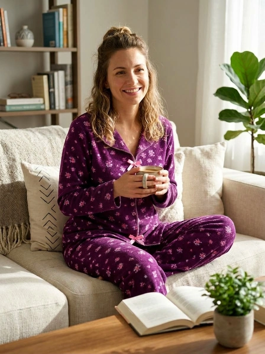 SÜPER SOFT YUMUŞAK DOKU Çiçek Desen Uzun Kollu Bayan Pijama Takımı - 11459