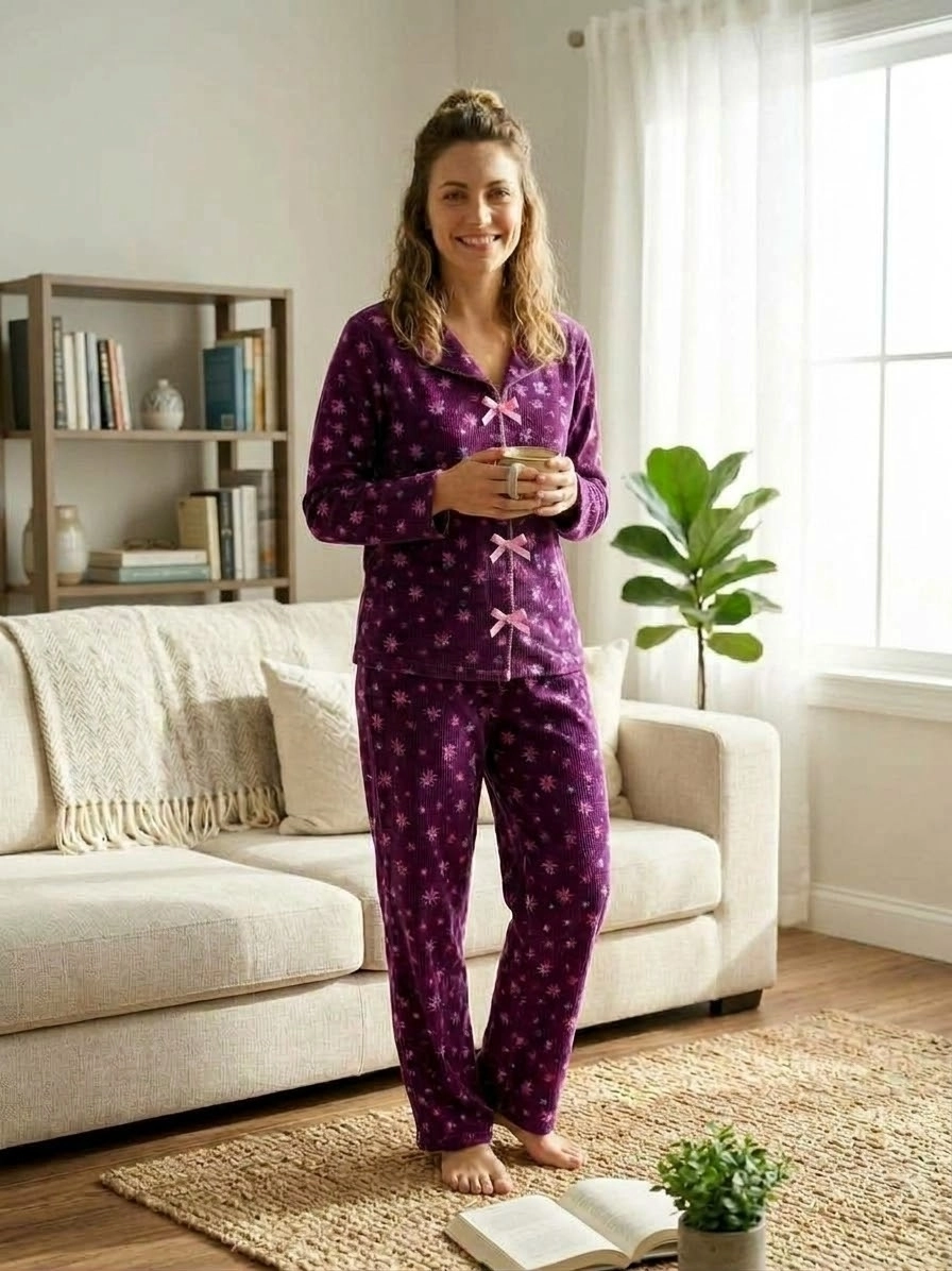 SÜPER SOFT YUMUŞAK DOKU Çiçek Desen Uzun Kollu Bayan Pijama Takımı - 11459