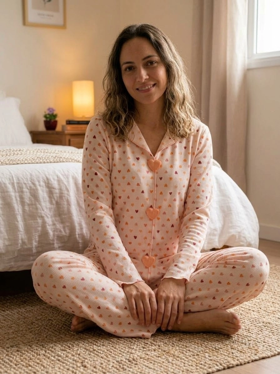SÜPER SOFT YUMUŞAK DOKU Kalp Desen Uzun Kollu Bayan Pijama Takımı - 11463