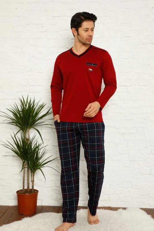 FULL LİKRALI %100 PAMUK Erkek Pijama Takımı - 1167 BORDO