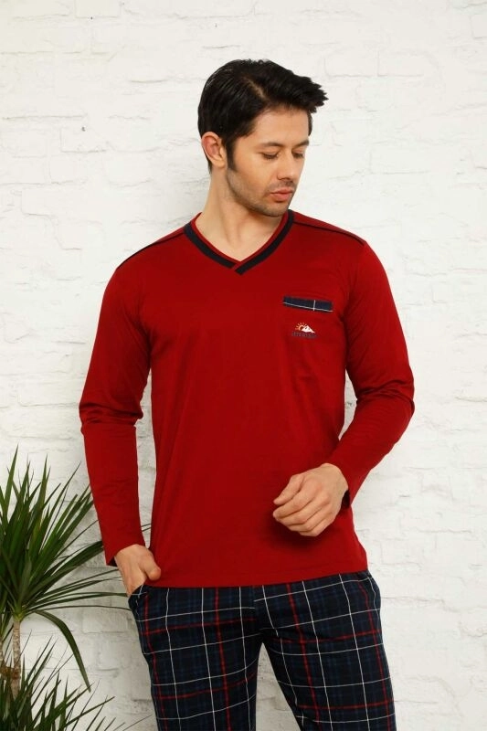Uzun Kollu %100 PAMUK Erkek Pijama Takımı - 1167 BORDO
