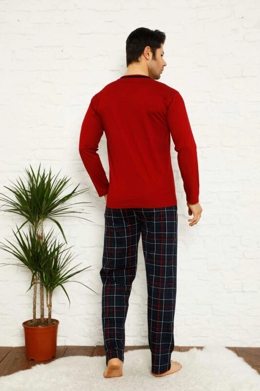 Uzun Kollu %100 PAMUK Erkek Pijama Takımı - 1167 BORDO
