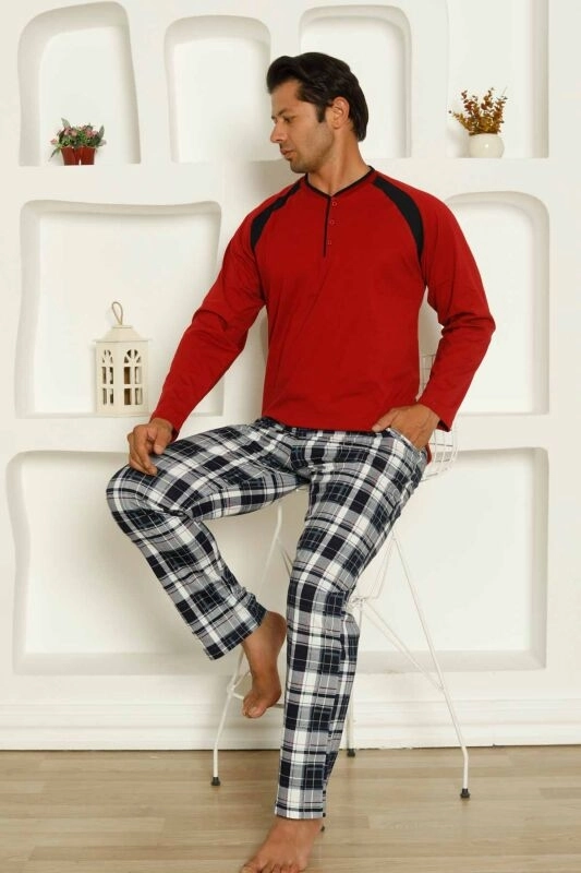 %100 Pamuk Uzun Kollu Erkek Pijama Takımı 1206 - BORDO