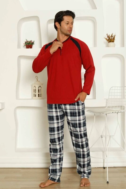 %100 Pamuk Uzun Kollu Erkek Pijama Takımı 1206 - BORDO