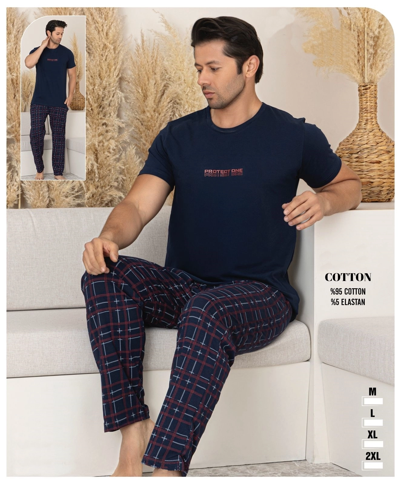 %100 Pamuk LİKRALI Kısa Kollu CEPLİ  Erkek Pijama Takımı 1296 - Lacivert