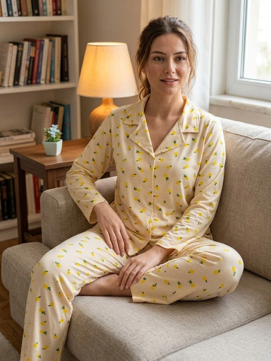 FULL LİKRALI A KALİTE YUMUŞAK Uzun Kollu Limon Desen Kadın Pijama Takımı - 13502