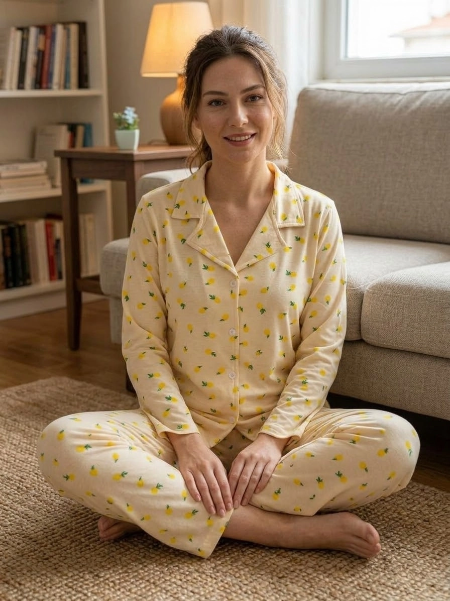 FULL LİKRALI A KALİTE YUMUŞAK Uzun Kollu Limon Desen Kadın Pijama Takımı - 13502