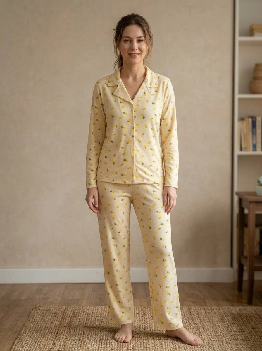 FULL LİKRALI A KALİTE YUMUŞAK Uzun Kollu Limon Desen Kadın Pijama Takımı - 13502