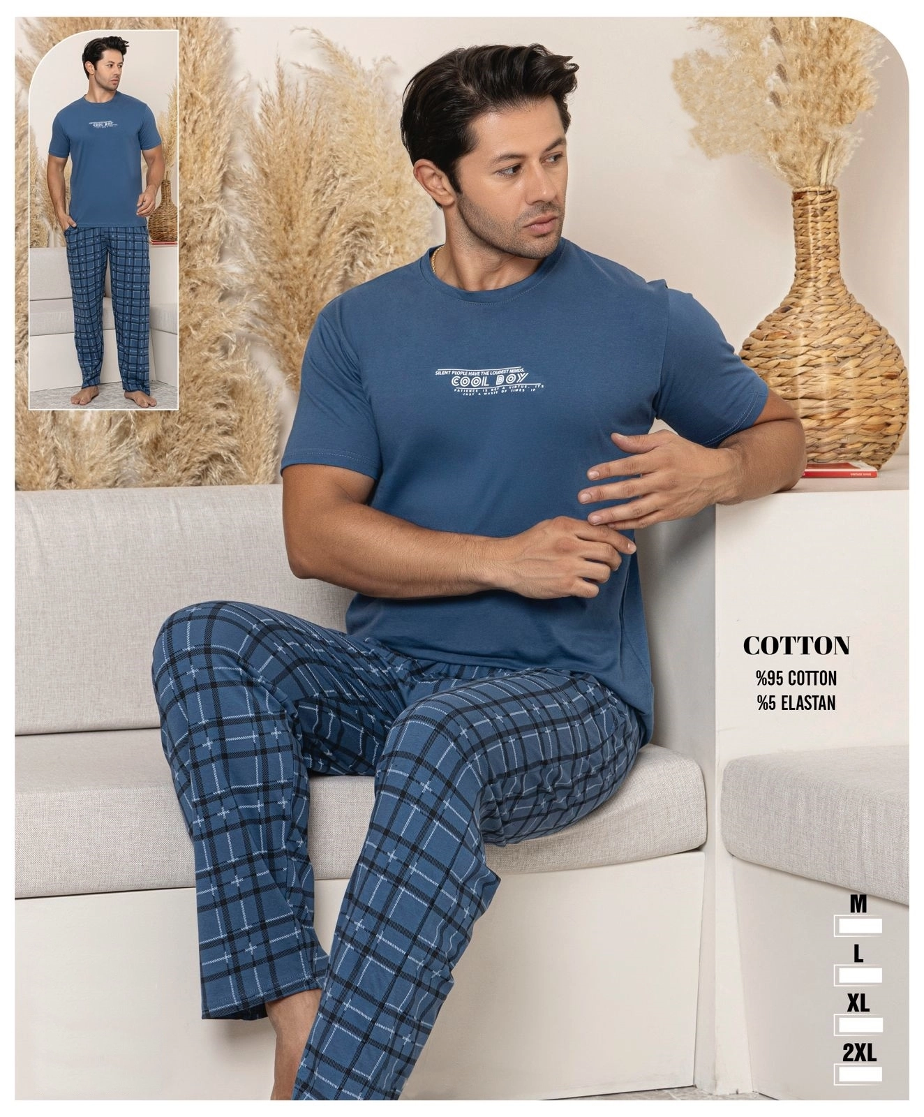 %100 Pamuk LİKRALI Kısa Kollu CEPLİ  Erkek Pijama Takımı 1384 - Mavi
