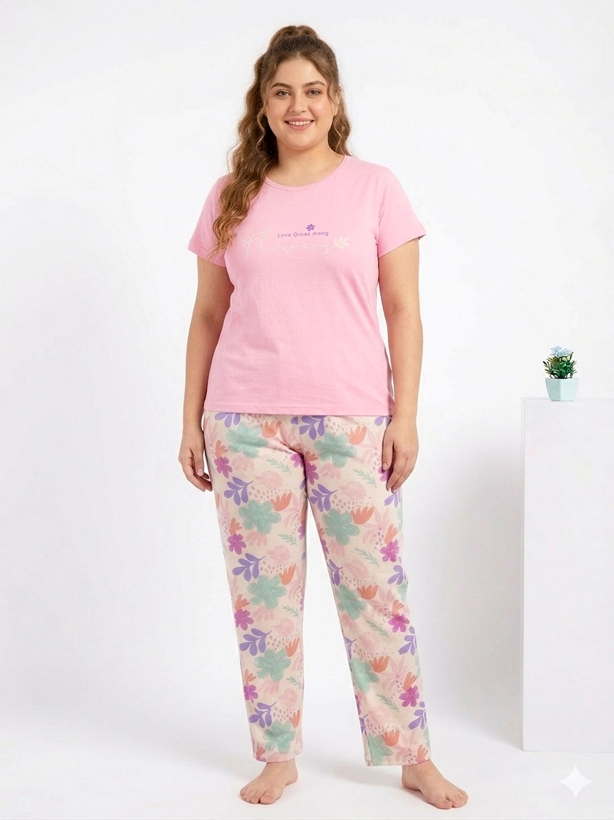 %100 PAMUK Büyük Beden KISA Kollu Çiçek Desen Kadın Pijama  4511