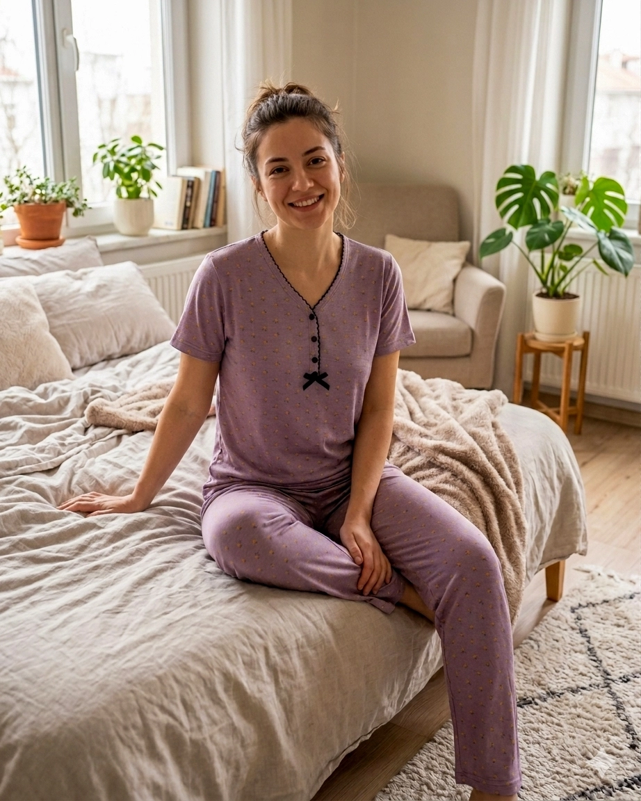 YUMUŞAK DOKU Esnek KISA Kollu Bayan Pijama Takımı - 7342