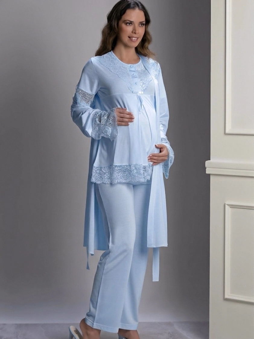 Yumuşak Dantel Detaylı Sabahlıklı Lohusa Pijama Takımı Mavi - 3022