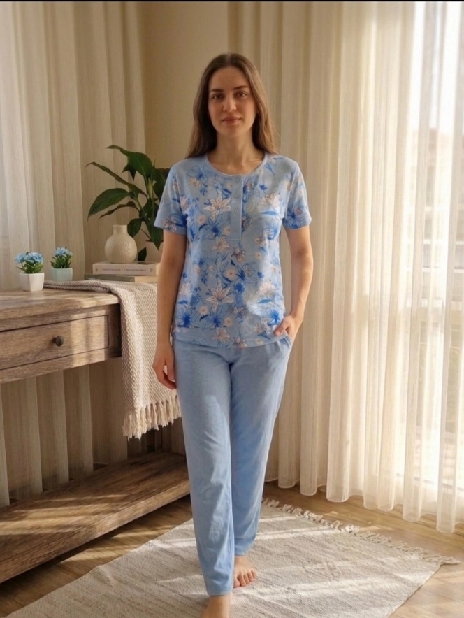 A KALİTE %100 PAMUK CEPLİ Kısa Kol Kadın Pijama Takımı 1200