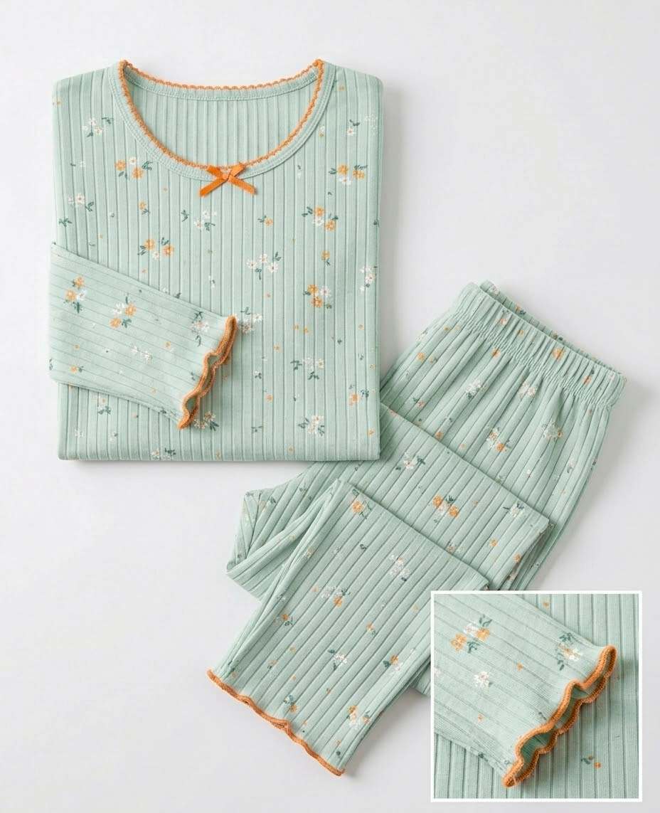 Kışlık Yumuşacık Raporlu Şardonlu İnterlok Çiçek Desenli Kadın Pijama Takımı - 2524