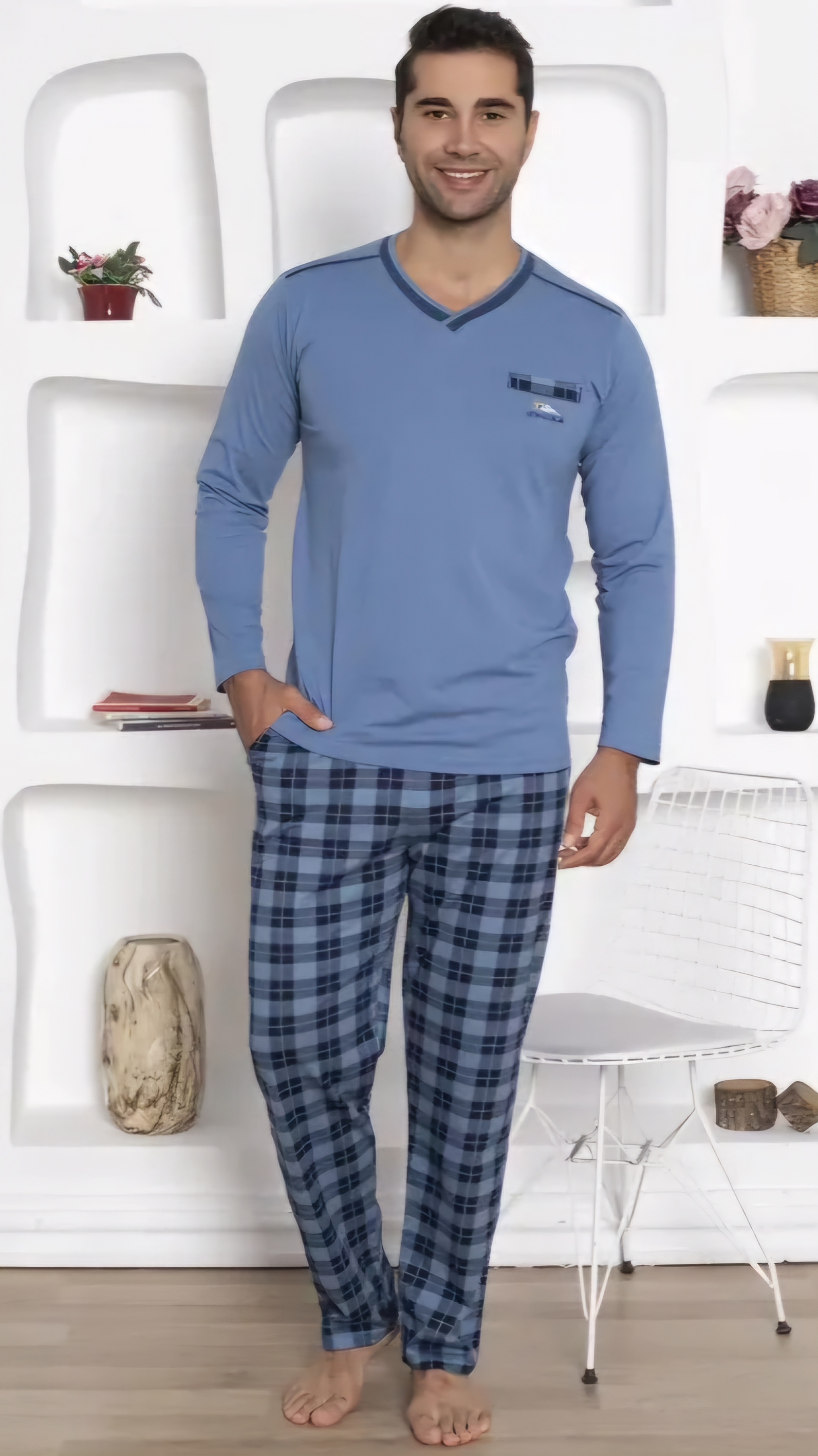 Uzun Kollu  PAMUK Erkek Pijama Takımı - 1210 İndigo