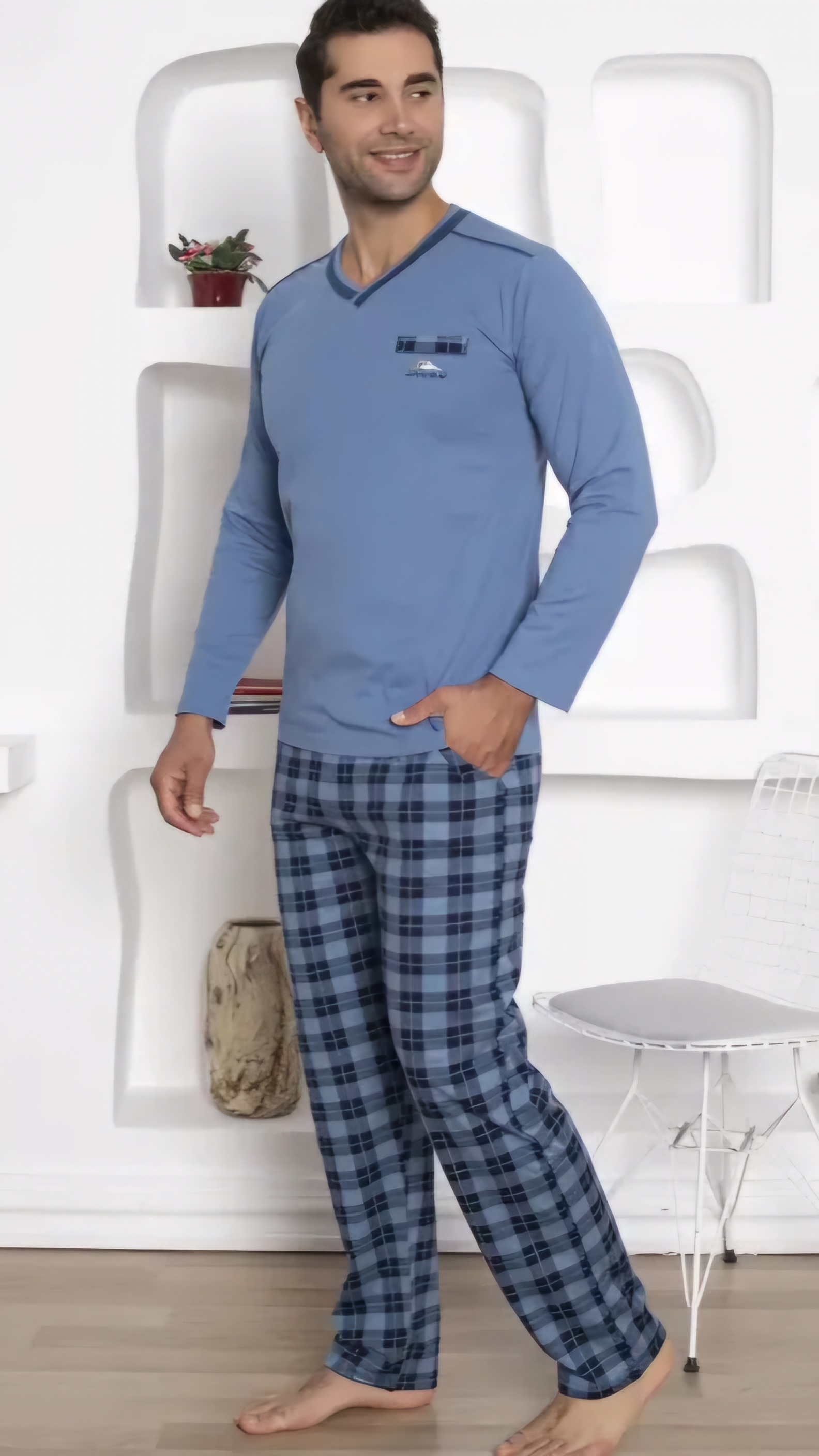 Uzun Kollu  PAMUK Erkek Pijama Takımı - 1210 İndigo