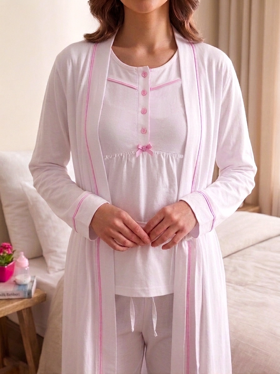 %100 PAMUK Sabahlıklı KISA Kollu LOHUSA PİJAMA TAKIM - 2080  EKRU