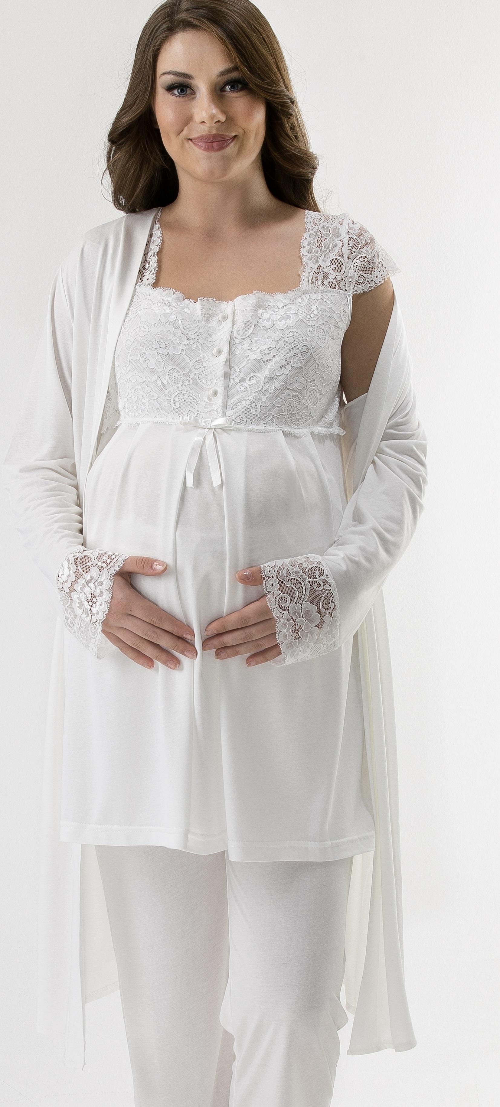 Yumuşak Dantel Detaylı Sabahlıklı Lohusa Pijama Takımı - 2093