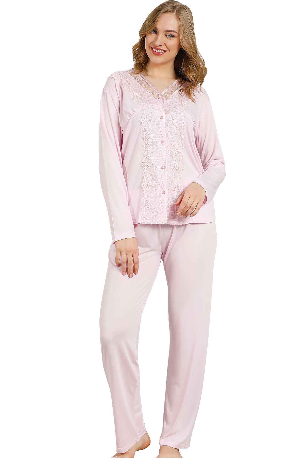2465 Uzun Kol Dantel Detaylı Kutulu Bayan Pijama Takımı