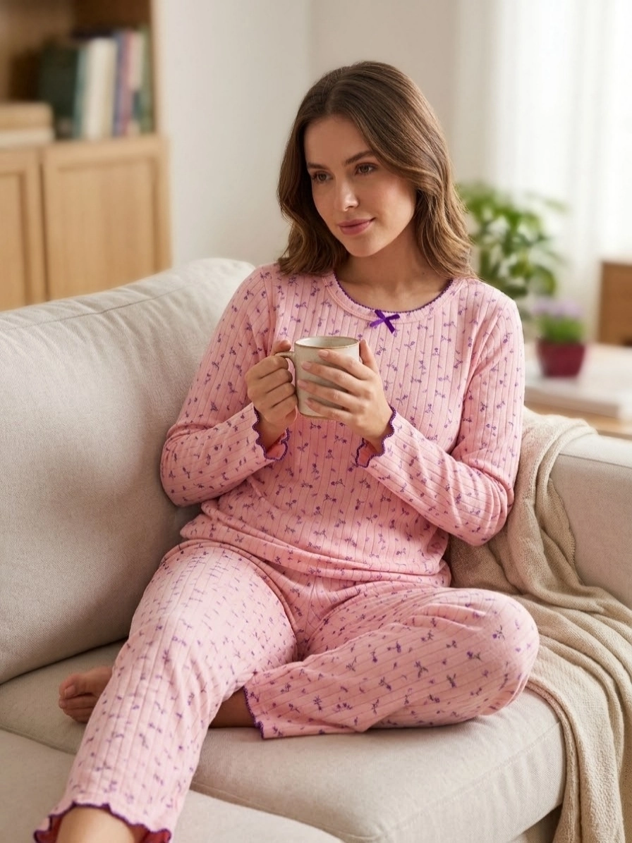 Kışlık Raporlu İnterlok Çiçek Desenli Kadın Pijama Takımı - 2666