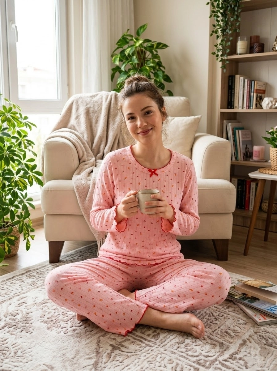 Kışlık Yumuşacık Raporlu Şardonlu İnterlok Çiçek Desenli Kadın Pijama Takımı - 2618