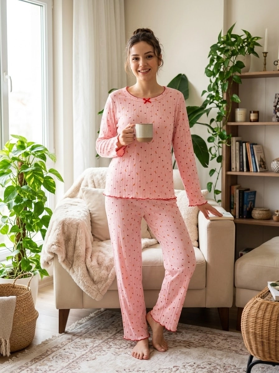 Kışlık Yumuşacık Raporlu Şardonlu İnterlok Çiçek Desenli Kadın Pijama Takımı - 2618