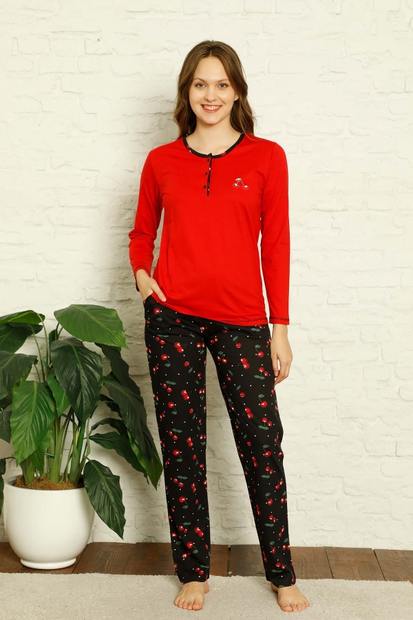 2684 UZUN Kollu Kollu Bayan Pijama Takımı - Kırmızı