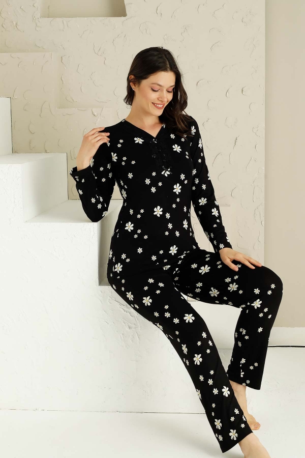 Likralı Uzun Kol Dantel Detaylı Papatya Desen Bayan Pijama Takımı 2728 İRL1
