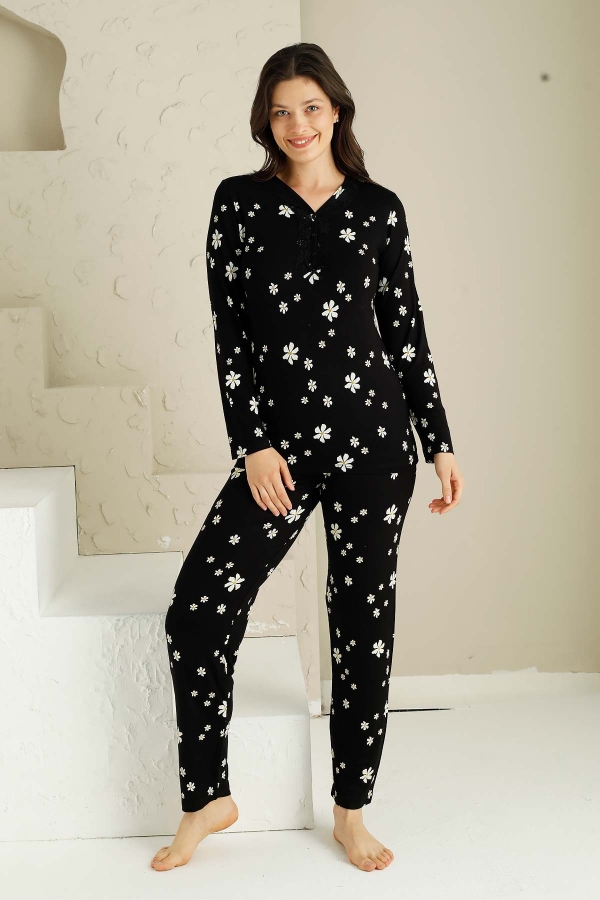 Likralı Uzun Kol Dantel Detaylı Papatya Desen Bayan Pijama Takımı 2728 İRL1