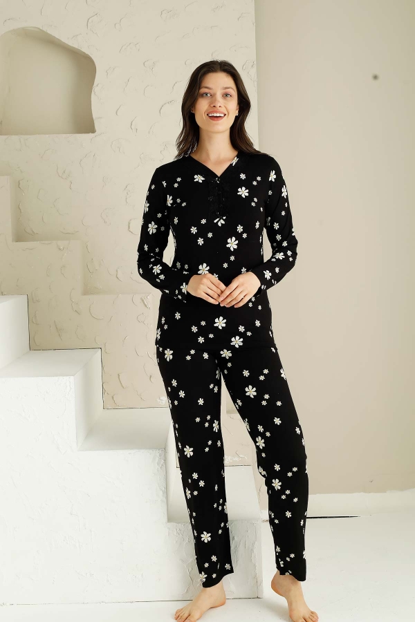 Likralı Uzun Kol Dantel Detaylı Papatya Desen Bayan Pijama Takımı 2728 İRL1