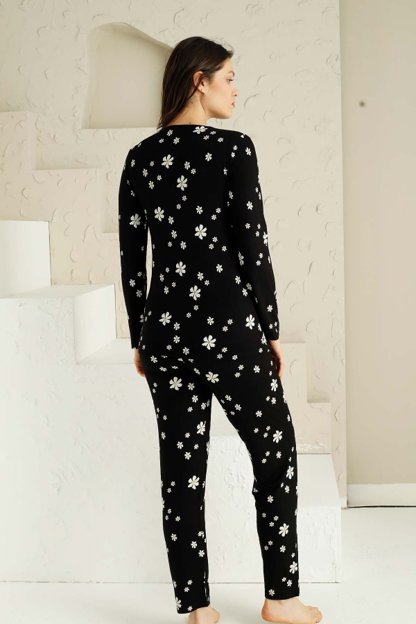 Likralı Uzun Kol Dantel Detaylı Papatya Desen Bayan Pijama Takımı 2728 İRL1