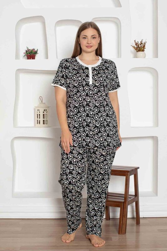 Büyük Beden Çiçek Desen KISA Kollu Bayan Pijama Takımı 2795 Siyah
