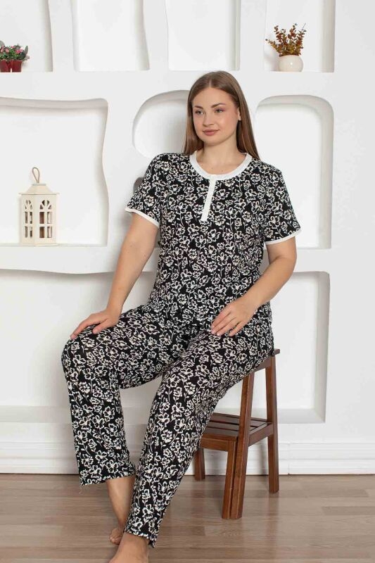 Büyük Beden Çiçek Desen KISA Kollu Bayan Pijama Takımı 2795 Siyah