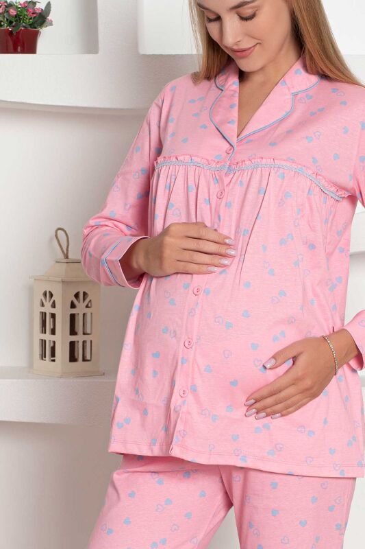 %100 Pamuk Uzun Kol Dantel Detay Lohusa Pijama Takımı - 2796 Pembe