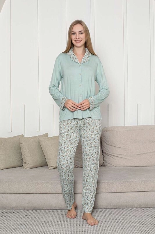 FULL LİKRALI YUMUŞAK DOKU Yaprak Desen Uzun Kollu Bayan Pijama Takımı - 2872