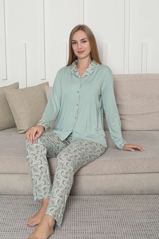 FULL LİKRALI YUMUŞAK DOKU Yaprak Desen Uzun Kollu Bayan Pijama Takımı - 2872