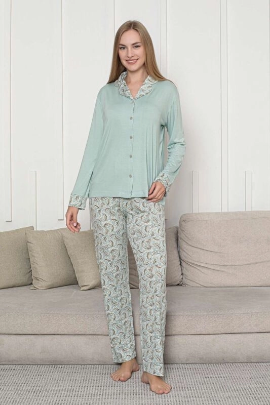 FULL LİKRALI YUMUŞAK DOKU Yaprak Desen Uzun Kollu Bayan Pijama Takımı - 2872