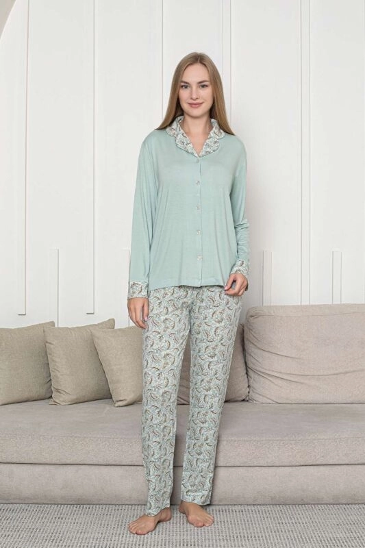 FULL LİKRALI YUMUŞAK DOKU Yaprak Desen Uzun Kollu Bayan Pijama Takımı - 2872