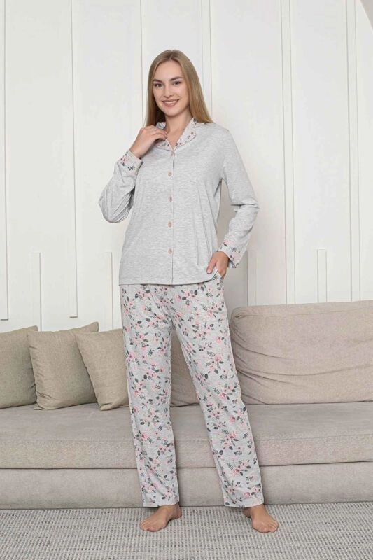 Çiçek Desen Yumuşak Boydan Düğmeli Uzun Kollu Kadın Pijama Takımı - 2873