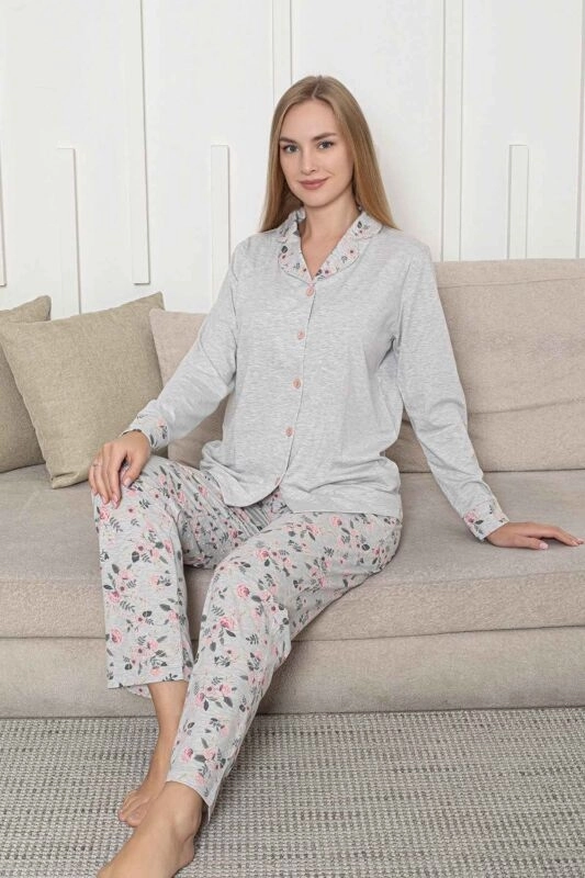 Çiçek Desen Yumuşak Boydan Düğmeli Uzun Kollu Kadın Pijama Takımı - 2873