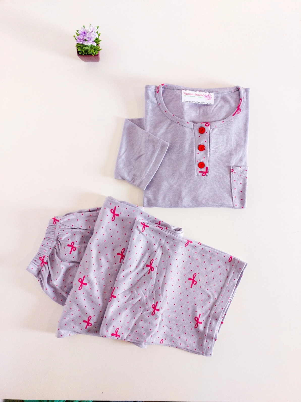 Kışlık Yumuşak Bambu İnterlok Fiyonk Puantiye Desenli Büyük Beden Kadın Pijama Takımı - 10620