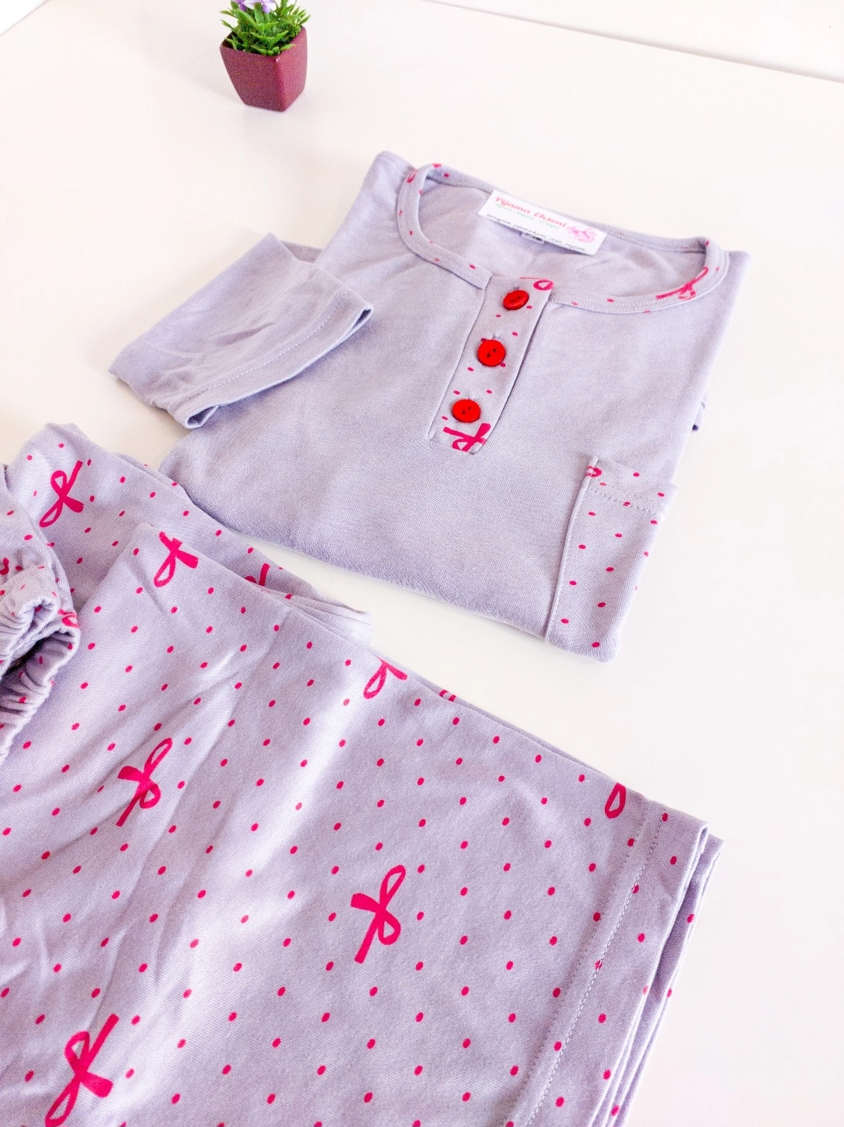 Kışlık Yumuşak Bambu İnterlok Fiyonk Puantiye Desenli Büyük Beden Kadın Pijama Takımı - 10620
