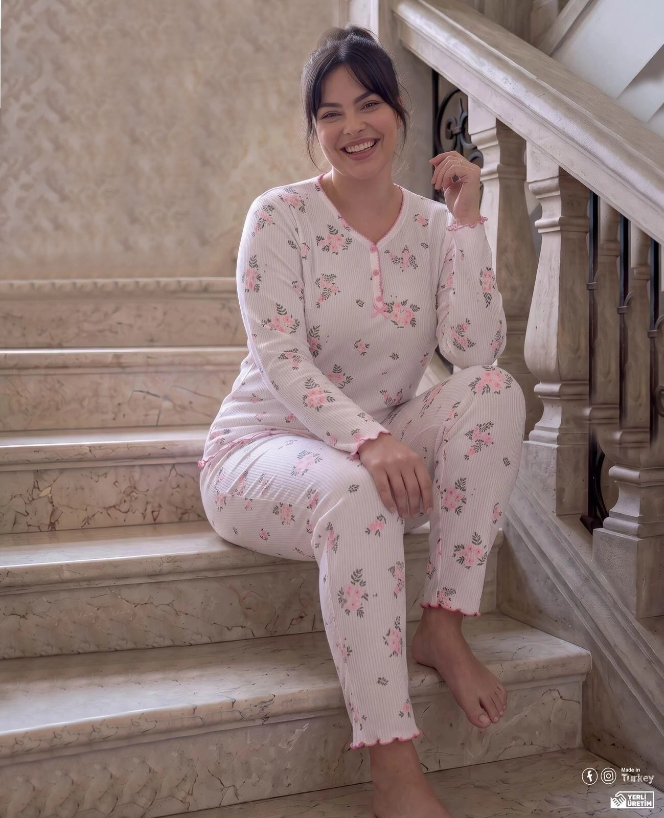 1. KALİTE FULL LİKRALI KAŞKORSE Büyük BEDEN Uzun Kollu Çiçek Desen Kadın Pijama  2986