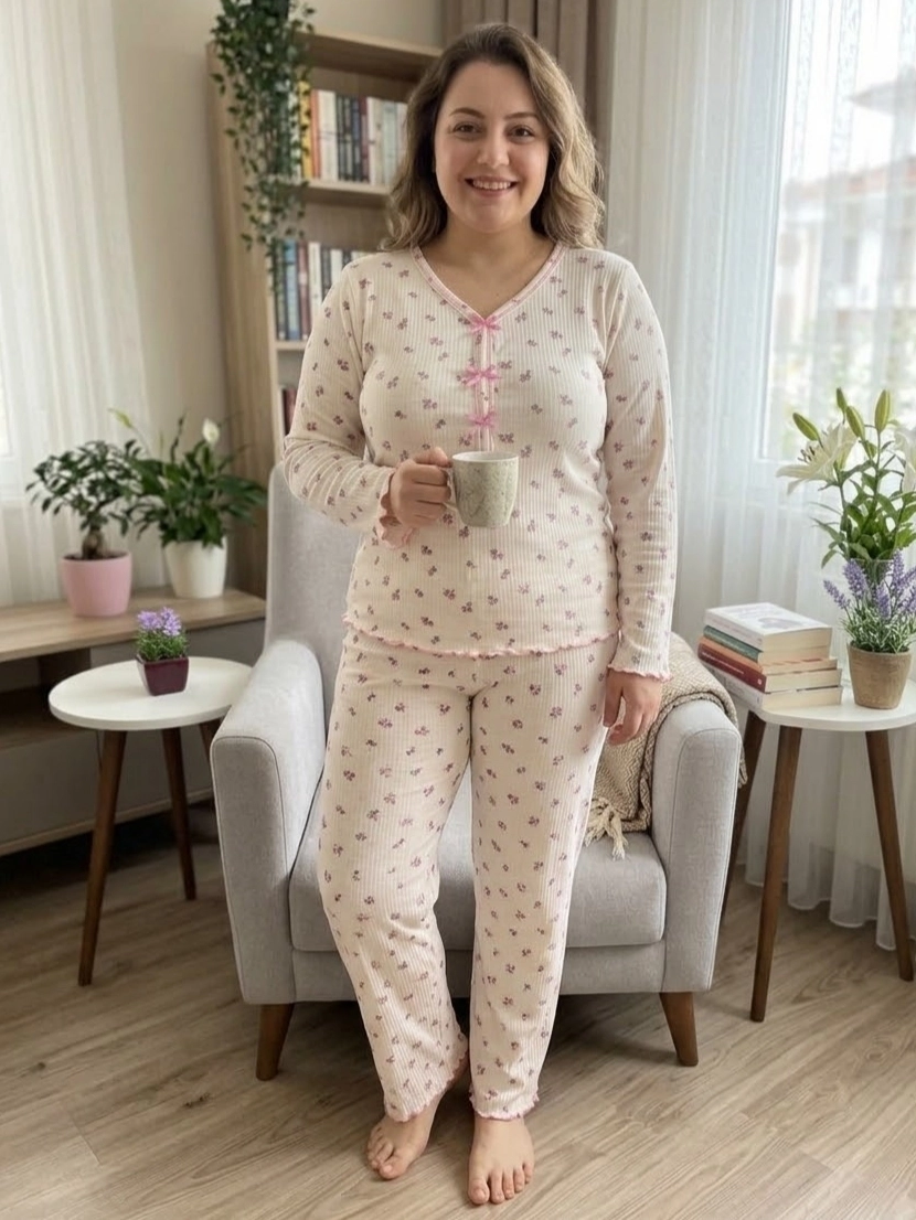 1. KALİTE FULL LİKRALI KAŞKORSE Büyük BEDEN Uzun Kollu Çiçek Desen Kadın Pijama  03060