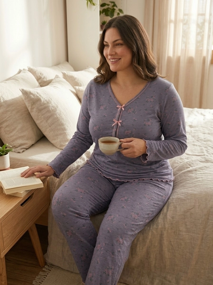 1. KALİTE LİKRALI Pamuk Viskon Büyük Beden Uzun Kollu Çiçek Desen Kadın Pijama  3166