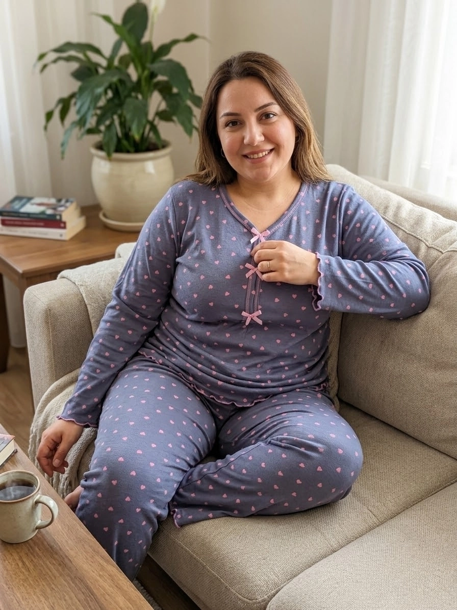1. KALİTE LİKRALI Pamuk Viskon Büyük Beden Uzun Kollu Kalp Desen Kadın Pijama  3177