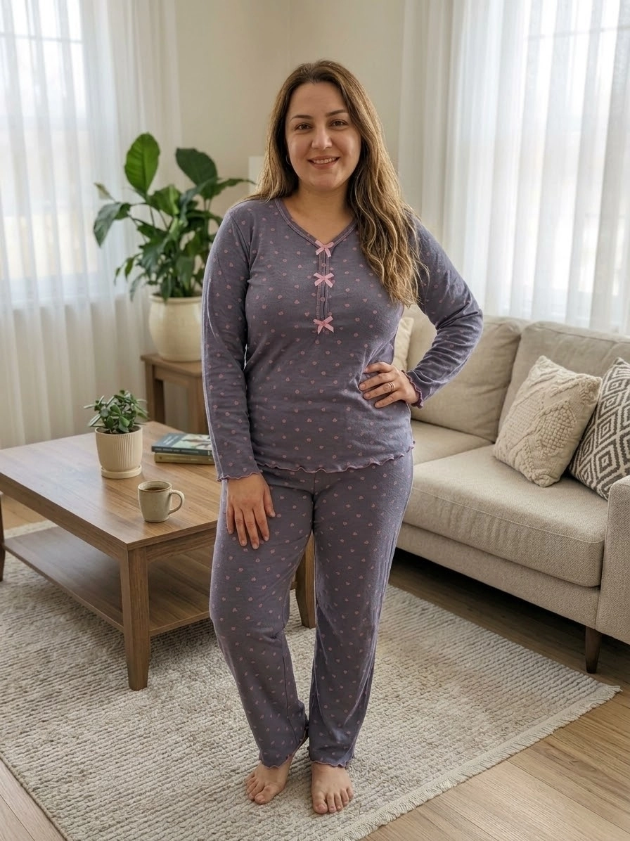 1. KALİTE LİKRALI Pamuk Viskon Büyük Beden Uzun Kollu Kalp Desen Kadın Pijama  3177